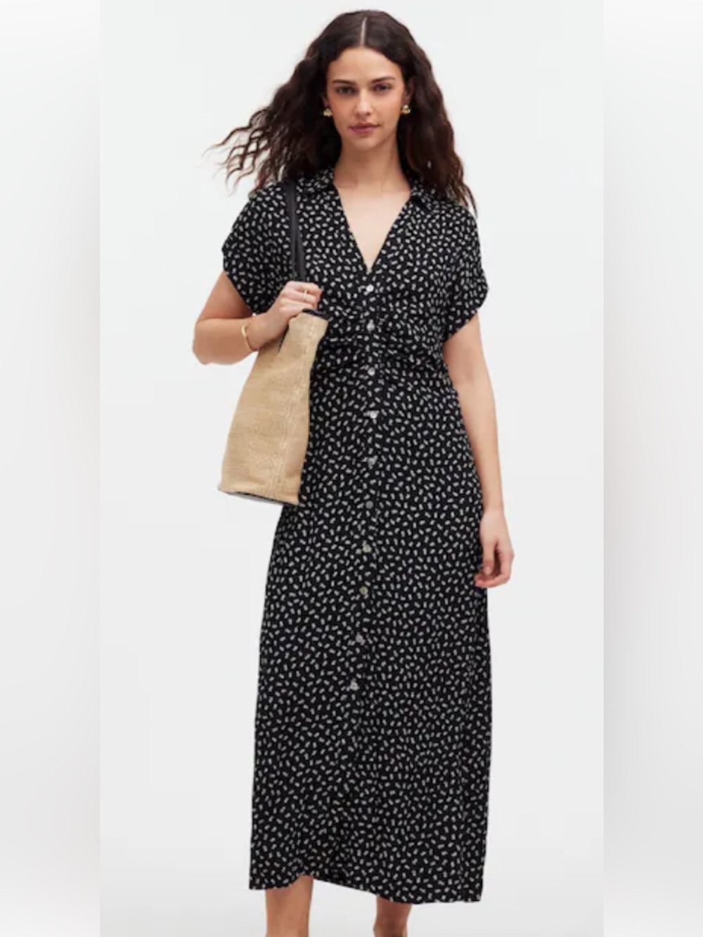 Madewell black floral button front midi shirtdress